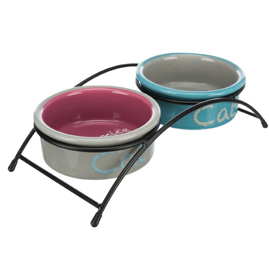 Set 2 Castroane Ceramice cu Suport Metalic Trixie, 2x0.3 l / 12 cm / 26x7x13 cm, Gri/Roz/Albastru, 24791