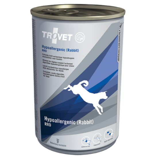 Trovet Hypoallergenic – hrană umedă dietetică pentru câini cu alergii/intoleranțe alimentare, cu iepure, conservă 400 g