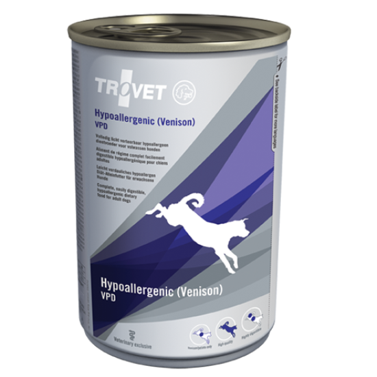 Trovet Hypoallergenic – conservă dietetică pentru câini cu alergii alimentare, cu căprioară, 400 g
