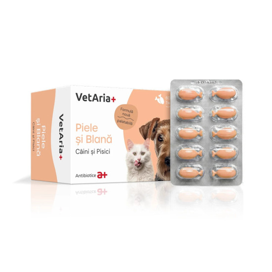 VetAria Piele și Blană – Supliment pentru Sănătatea Pielii și Strălucirea Blănii la Câini și Pisici, 60 Capsule