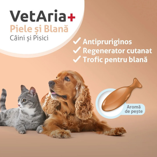 VetAria Piele și Blană – Supliment pentru Sănătatea Pielii și Strălucirea Blănii la Câini și Pisici, 60 Capsule