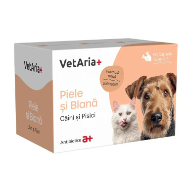 VetAria Piele și Blană – Supliment pentru Sănătatea Pielii și Strălucirea Blănii la Câini și Pisici, 60 Capsule